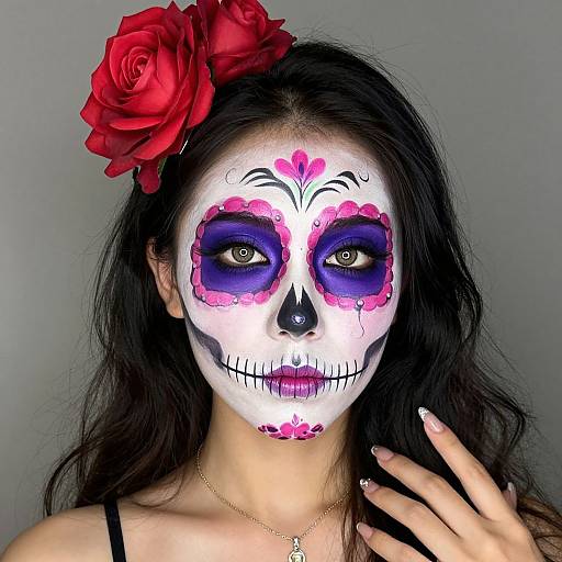 Photograph of a young woman with white face paint, purple and pink eye sockets, black nose, and purple lips, wearing a red rose in her