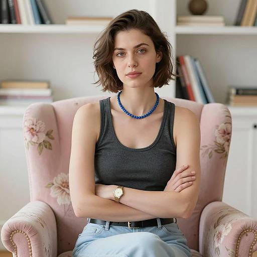 Casual Woman in Floral Armchair Setting