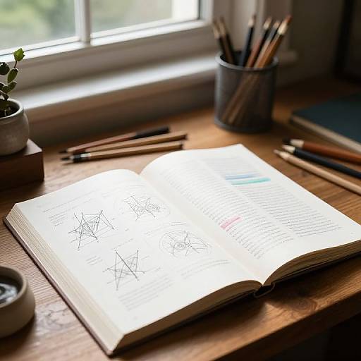 Photograph of an open book with line art, illuminated by sunlight, on a wooden desk with pencils and a potted plant.