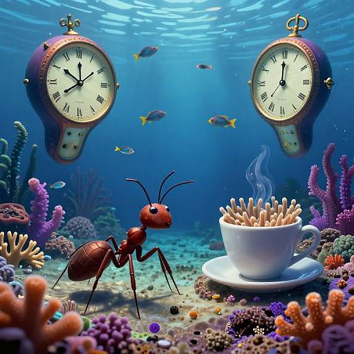 Underwater photograph: red ant with black legs sips from white teacup near two floating clocks, surrounded by colorful coral and fish.