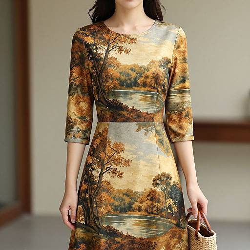 Photograph of a woman wearing a detailed, three-quarter sleeve, autumnal landscape-print dress, holding a woven handbag, indoors with blurred background.