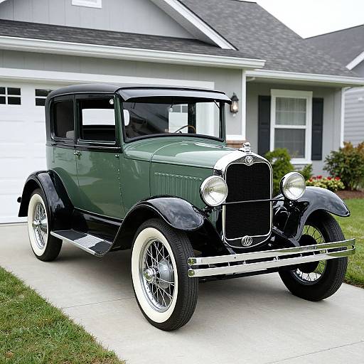 Photograph of a vintage green and black classic car with white-walled tires parked on a suburban driveway in front of a gray house.