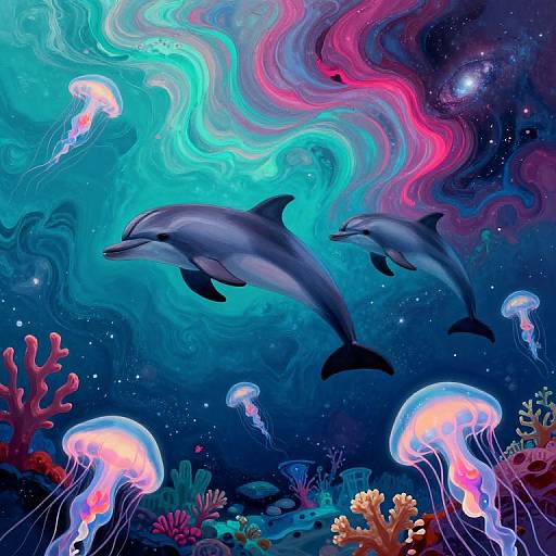 Vibrant digital artwork of two dolphins swimming among colorful jellyfish and coral in a swirling, cosmic ocean scene.