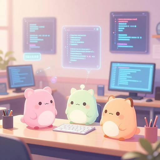 Digital illustration of three cute, glowing, pastel-colored bear-like characters at a desk with multiple glowing computer screens and pens.