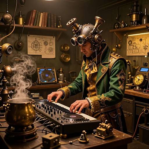 Steampunk DJ in green and gold coat, brass goggles, and gears, mixing in a dimly lit, vintage workshop with steam, books,