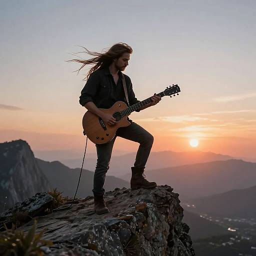 Photograph of a long-haired man with a guitar standing on a rocky mountain peak during a sunset, wearing a black jacket and jeans.