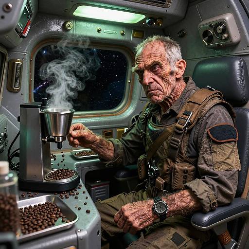 Aged Alien Veteran in Cluttered Spaceship