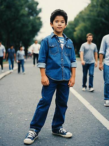 Photograph of a young Asian boy in a blue denim shirt and jeans, standing confidently on a street with blurred background of people walking.