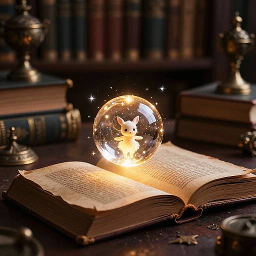 Photograph of an open book with a glowing glass snow globe containing a tiny, illuminated fairy, surrounded by books and ornate metal objects in a dim