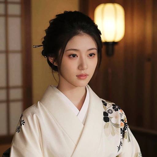 Photograph of a young Asian woman with fair skin, dark hair in an updo, wearing a white kimono with floral patterns, standing in a