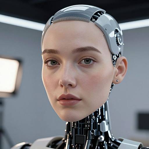 Close-up photograph of a realistic, white-skinned, female humanoid robot with sleek metallic head and neck, blue eyes, and subtle makeup, in a