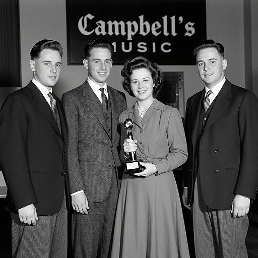 Black-and-white photograph of four 1940s-era individuals; three men in suits, one woman in a dress holding a trophy, 