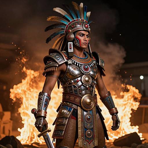 Photograph of a Native American warrior in detailed, metallic armor with blue and white feathers, standing confidently against a fiery background.