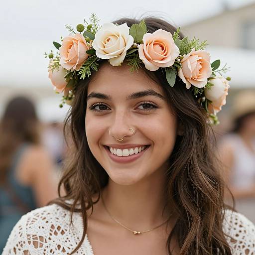 Photograph of a smiling young woman with long brown hair, wearing a floral crown of peach roses and greenery, nose rings, and a white crochet
