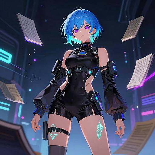 Digital anime-style artwork of a blue-haired, purple-eyed female cyborg with glowing tattoos, wearing a black bodysuit and thigh holster, surrounded by