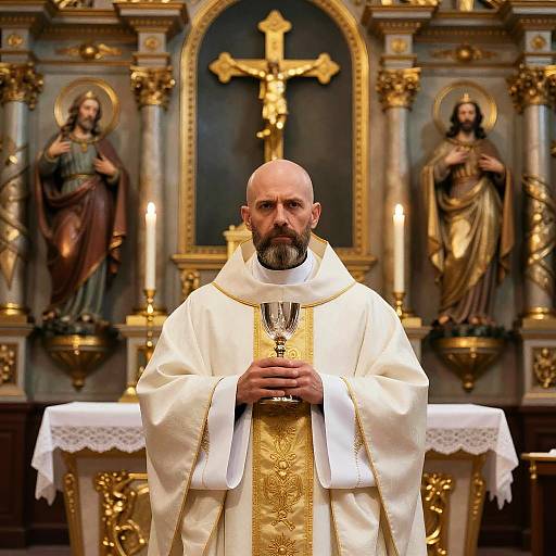 Solemn Priest Holding Chalice in Ornate Church