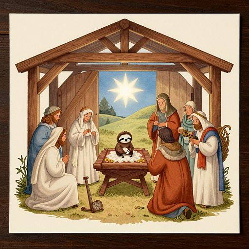 Colorful digital illustration of the Nativity scene with a smiling baby Jesus in a manger, surrounded by Mary, Joseph, shepherds, and