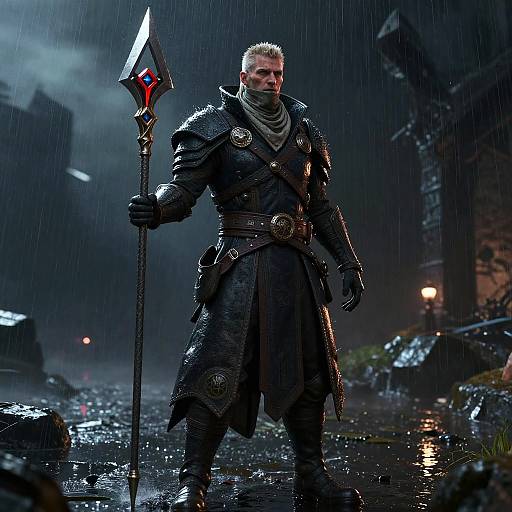 Muscular blond man in dark, armored coat and gloves holds glowing staff in rainy, foggy urban night; wet, reflective street background. Fantasy adventure