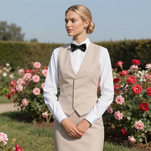 Elegant Woman in Beige Vest with Bow Tie in Rose Garden