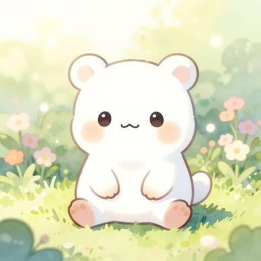 Adorable white cartoon bear with pink paw pads and blush, sitting in a sunlit, floral meadow, in a pastel-colored, digital illustration