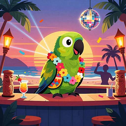 Vibrant digital art of a green parrot wearing colorful flower lei, perched on a tropical bar counter at sunset, with a spinning disco ball