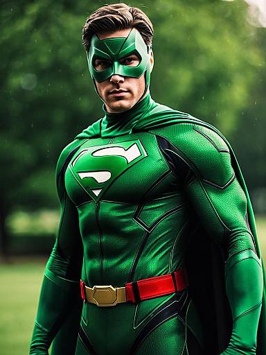 Muscular Boy in Green Superhero Costume