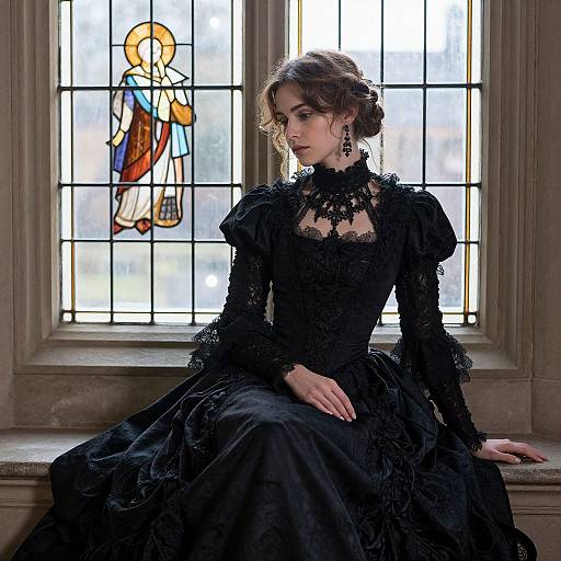 Photograph of a young woman in a Victorian-style black lace dress, sitting in a sunlit church window with a stained glass depiction of a saint in