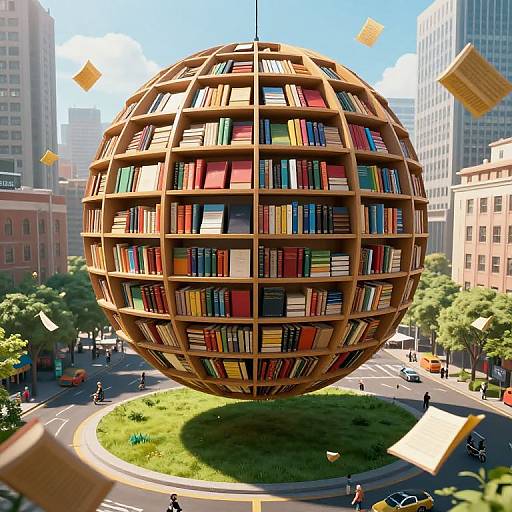 Photorealistic CGI of a wooden book-filled globe sculpture suspended above a city street, surrounded by skyscrapers and small buildings.
