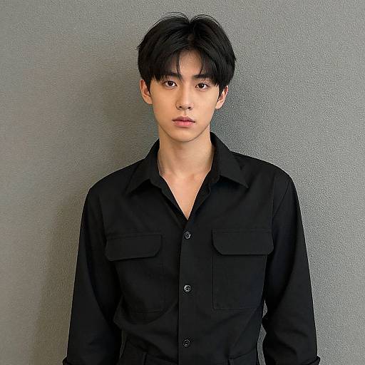 Photograph of an East Asian man with short black hair, wearing a black button-up shirt, standing against a plain gray textured wall.