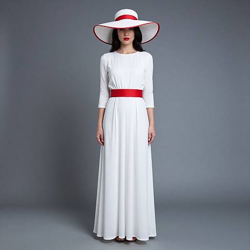 Photograph of a woman in a white long-sleeve dress with a red belt and wide-brimmed white hat with red trim, standing against
