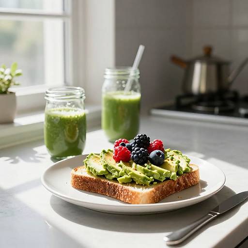 Photograph of avocado toast with fresh berries, green smoothie in a jar, and kitchen sunlight, showcasing bright, healthy breakfast.