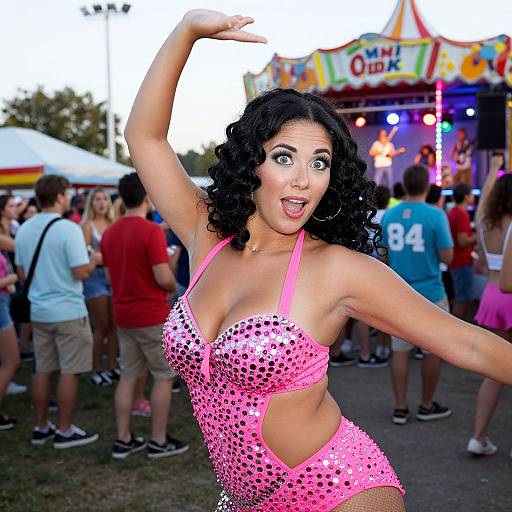 Photograph of a curvy, dark-haired woman in a pink, sparkling bikini top and matching shorts, striking a playful pose at a colorful carnival with