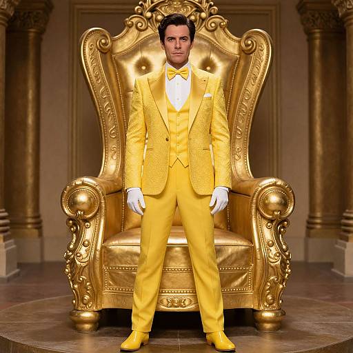 Photorealistic CGI of a man in a yellow tuxedo, bow tie, and yellow shoes, standing confidently on an ornate golden throne.