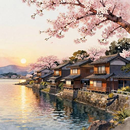 Serene Japanese Coastal Town Sunset