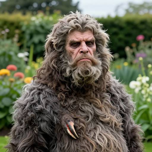 Photograph of an elderly man with long, wild gray hair and beard, wearing a shaggy fur robe with a bone necklace, standing in a