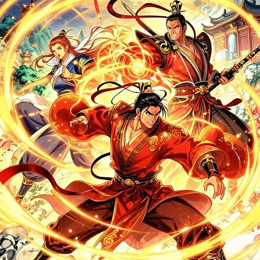 Anime-style illustration of three martial artists in vivid red and blue robes, surrounded by swirling orange flames, with traditional Japanese architecture in the background. Dynamic,