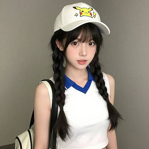 Photograph of an Asian woman with long black hair in braids, wearing a Pikachu hat, white sleeveless top, and backpack.