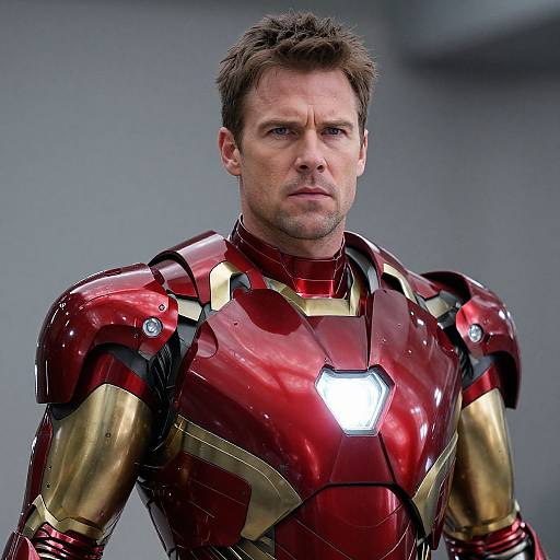 Photograph of a serious-looking man in a shiny, red and gold Iron Man suit with a glowing chest emblem, standing against a blurred gray background.