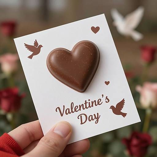 Photograph of a hand holding a Valentine's Day card with a chocolate heart, birds, and 