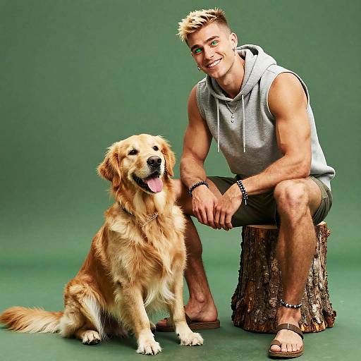 Muscular Young Man with Playful Golden Retriever