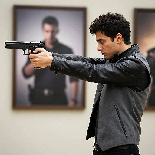 Tense Young Man Aiming Handgun