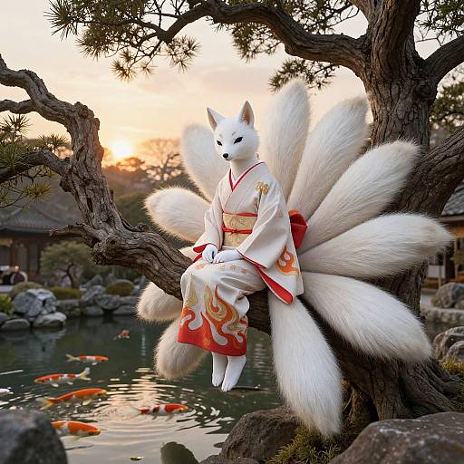 Digital artwork of an anthropomorphic white fox with nine large, fluffy tails, dressed in a red and white kimono, sitting on a tree branch over