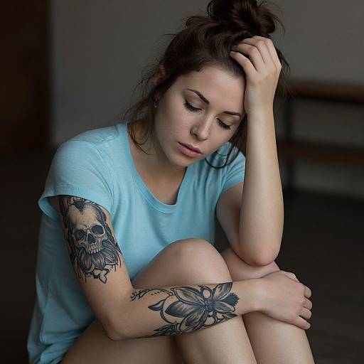 Pensive Woman with Tattooed Arms