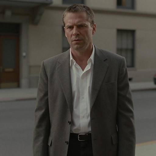 Photograph of a serious-looking middle-aged man with short brown hair, wearing a dark gray suit and white shirt, standing on a city street. Background