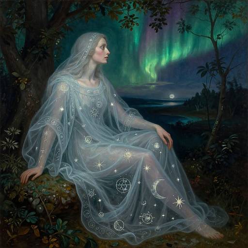 Digital painting of a fair-skinned woman in a translucent, star-patterned gown, sitting in a dark forest under a vibrant green aurora borealis
