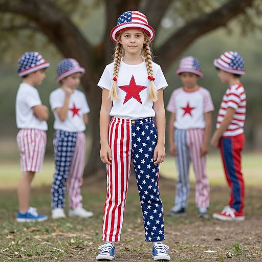 Photograph of a young girl in front of four children, all wearing American flag-themed outfits, standing in a park.