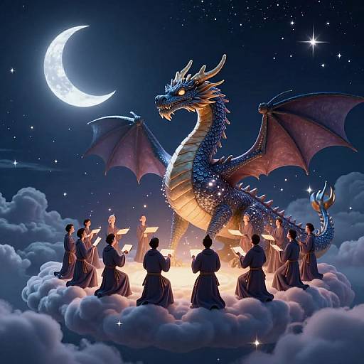 Digital illustration of a blue, glowing dragon with wings, surrounded by robed figures holding candles, standing on a cloud under a crescent moon.