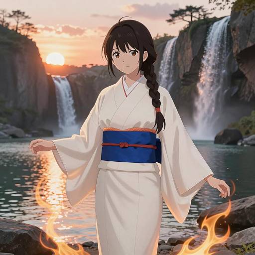 Anime Woman in Kimono by Waterfalls at Sunset