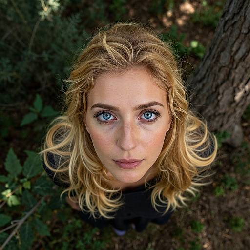 Photograph of a blonde woman with striking blue eyes, looking up at the camera, in a forest with dark green foliage and tree bark in the background