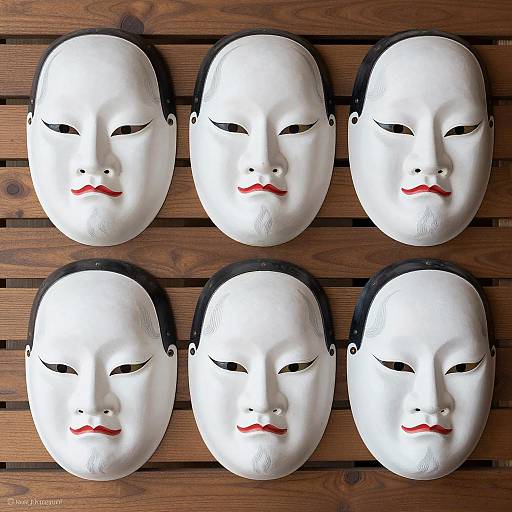 Intense Japanese Masks on Wooden Background